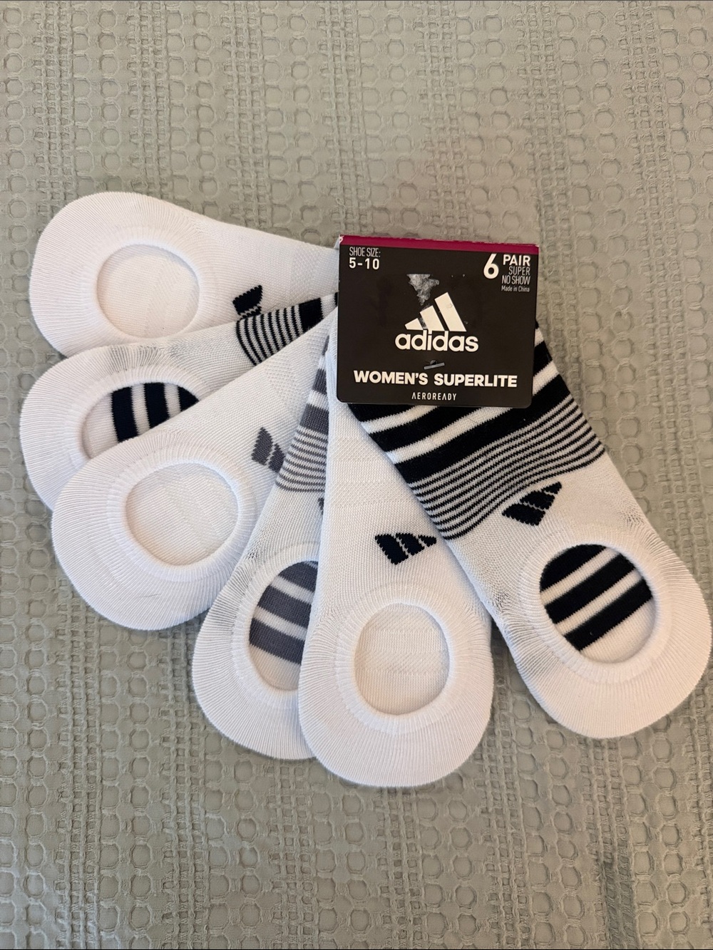 adidas Women's Superlite No-Show Socks in White with Black Stripes (6 Pair)